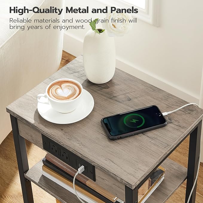 HOOBRO Side Tables Set of 2 with Charging Station and USB Port, Small End Tables for Small Space, 3-Tier Nightstands with Adjustable Shelf, for Living Room, Bedroom, Greige BG112BZP201