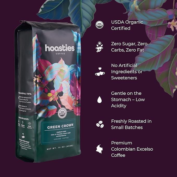 Hoasties Coffee Green Crown - Medium Roast Ground Organic Coffee, Made with 100% Colombian Arabica Coffee Beans, 16 ounces