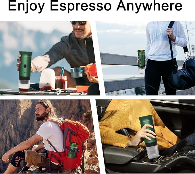 LumoShine Portable Espresso Machine, Mini Espresso Maker, Self Heating Coffee Maker Compatible with Ground Coffee, Capsule for Camping RV Hiking Outdoor Travel Green