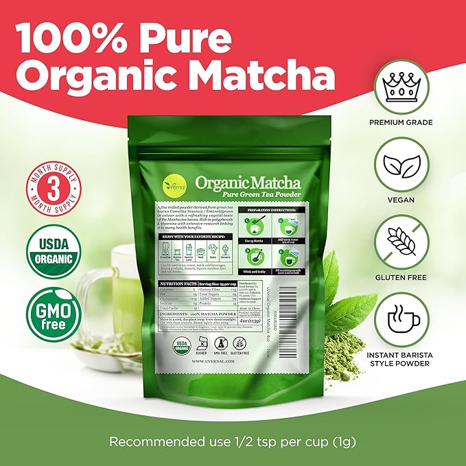 uVernal Organic Matcha Green Tea Powder - 100% Pure Matcha for Smoothies Latte and Baking Easy to Mix - 4oz Kosher Pareve