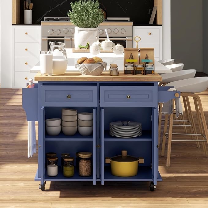 HOMCOM Kitchen Island Cart with Rubber Wood Top, Rolling Kitchen Island Table on Wheels with Drawers, Adjustable Shelves, Spice Rack and Towel Rack for Dining Room, Navy Blue
