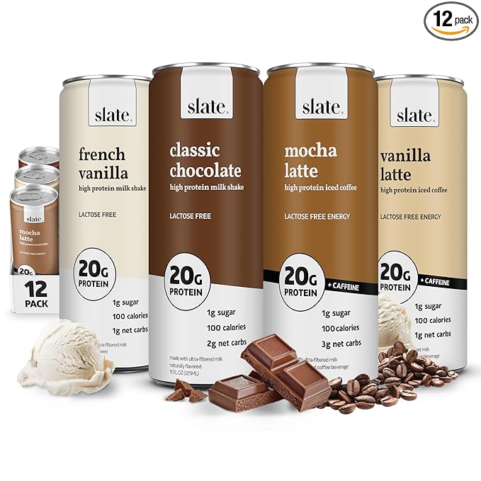 Slate Milk - High Protein Milk Shakes & Iced Coffees - Classic Chocolate, Mocha Latte, Vanilla Latte, French Vanilla -Lactose Free,20g Protein,1g Sugar, 100 Calories,1-2g Net Carbs -11 fl oz, 12 Cans
