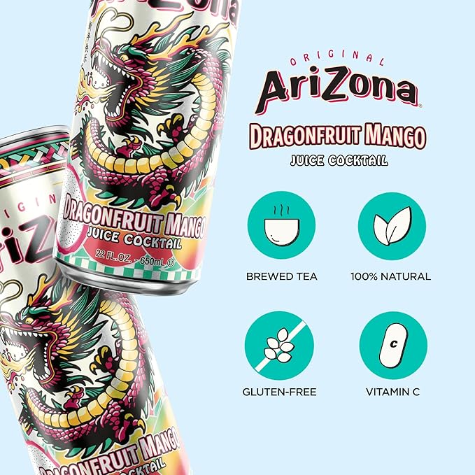 AriZona Dragon Fruit Mango, Fruit Juice Drink - Big Can, 22 Fl Oz (Pack of 12)