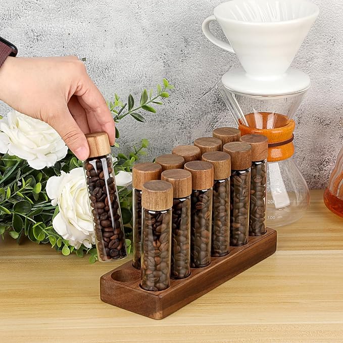 JUXYES Set of 12 Single Dose Coffee Bean Storage Tubes with Wooden Stand and Lids, Dosing Glass Vials for Coffee Storage, Coffee Bean Container Cellars, Espresso Bean Canisters Set, 2 fl oz