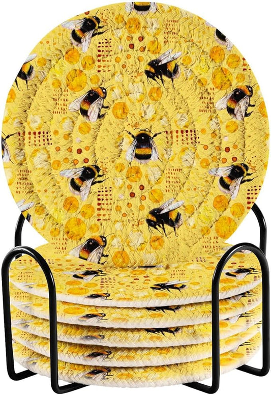 Yellow Honeycomb Drink Coasters Set of 6 - Absorbent Decorative Bar Coasters for Coffee Table Protection