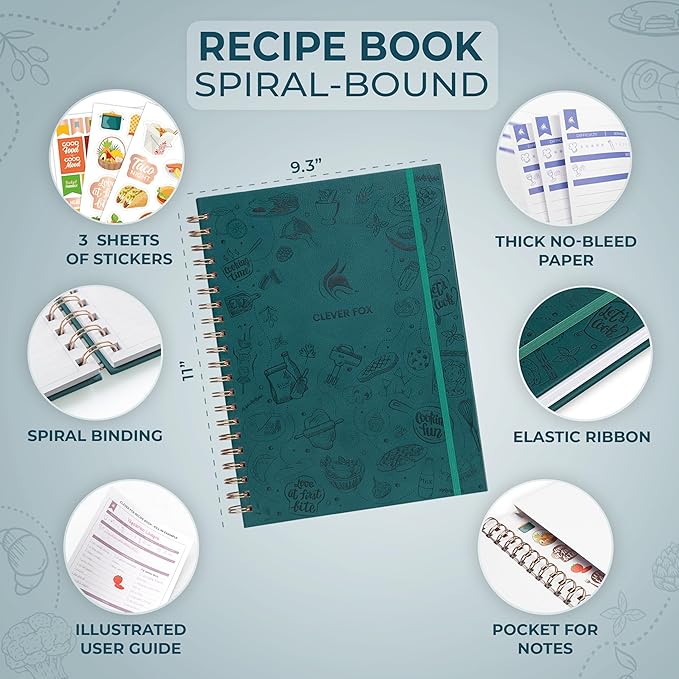 Clever Fox Recipe Book Spiral – Make Your Own Family Cookbook – Blank Recipe Notebook Organizer – Empty Cooking Journal to Write In Recipes – Large Size, 9.3”x11.2”, Hardcover (Dark Teal)