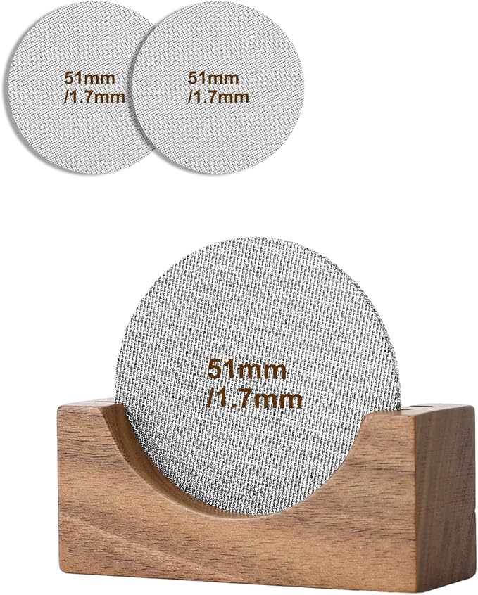 Espresso puck screen 51mm 2 Pack & Walnut Puck screen stand, 316 Stainless Steel Espresso Accessories, Professional Tool for Portafilter Filter Basket