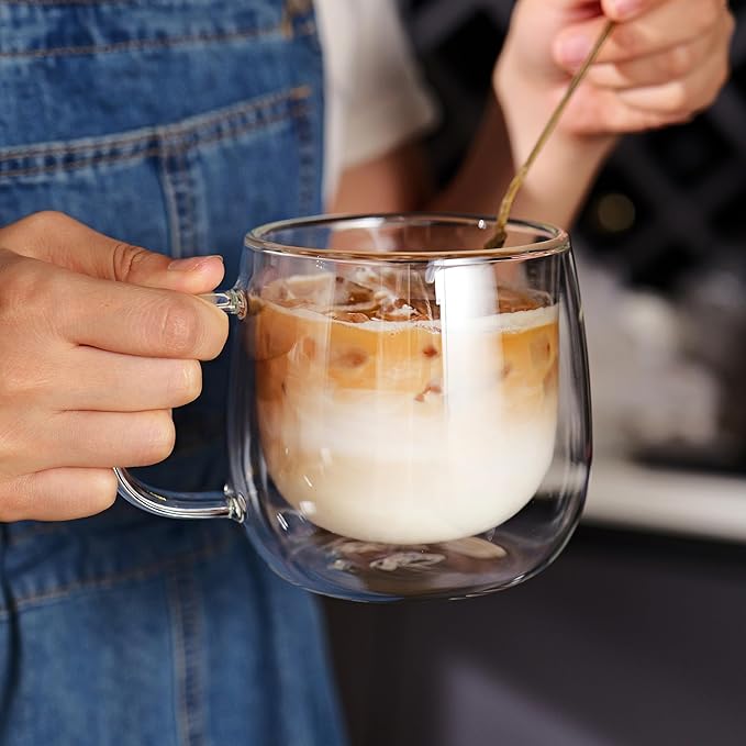 CNGLASS 12oz Double Walled Glass Coffee Mugs(4-pack),Large Clear Coffee Cups with Handle,Glass Espresso Mugs for Latte,Cappuccino,Tea
