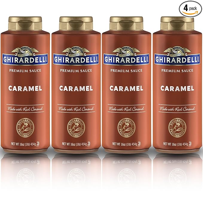Ghirardelli Caramel Flavored Sauce Squeeze Bottles | 16 oz (Pack of 4) | Rich Creamy Caramel Dessert Topping for Coffee, Ice Cream, and Baking Recipes