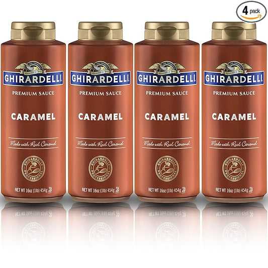 Ghirardelli Caramel Flavored Sauce Squeeze Bottles | 16 oz (Pack of 4) | Rich Creamy Caramel Dessert Topping for Coffee, Ice Cream, and Baking Recipes