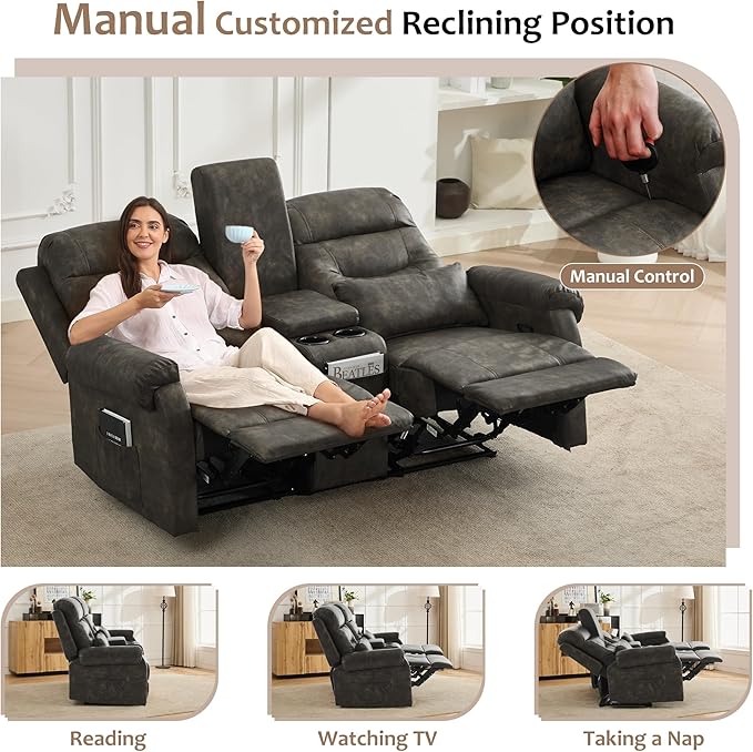 DRMBOOK RV Loveseat Recliner Sofa with Console, Faux Leather Double Wall Hugger Reclining Couch Manual Home Movie Seating 2 Person Recliner Chair with Cup Holders/Storage/Pocket/Pillow, Black&Grey