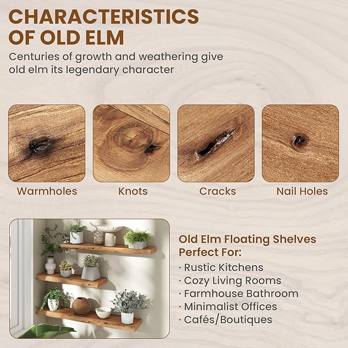 55 Inch Long Floating Shelves for Wall, Live Edge Floating Shelf Wall-Mounted for Bedroom Kitchen Living Room, Real Solid Elm Wood Wall Shelf with Heavy-Duty Bracket for Books Decor Storage, Natural
