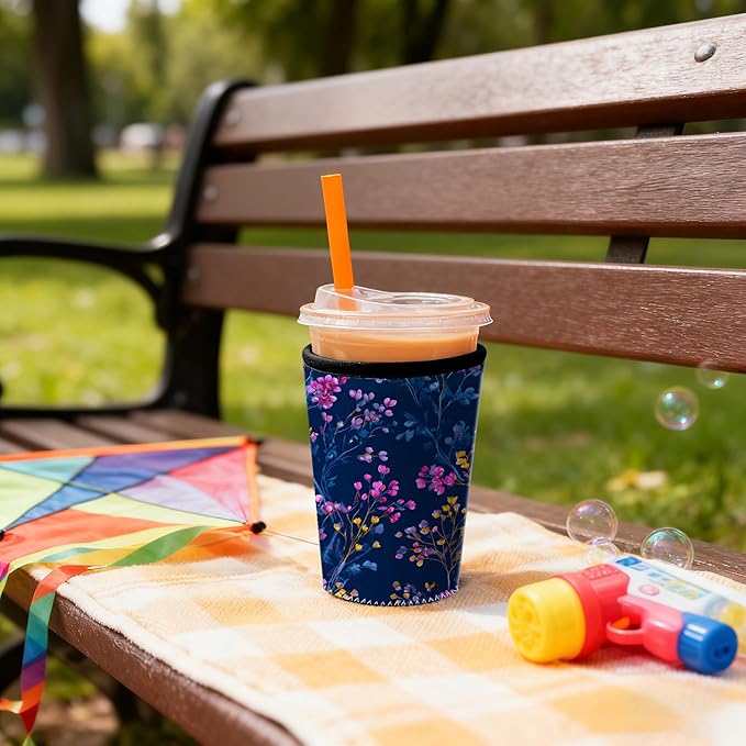 Elegant Flower Pattern Insulated Coffee Sleeve for Women Gifts Floral Navy Iced Coffee Sleeve Set of S/M/L 3-Pack Cups Sleeve