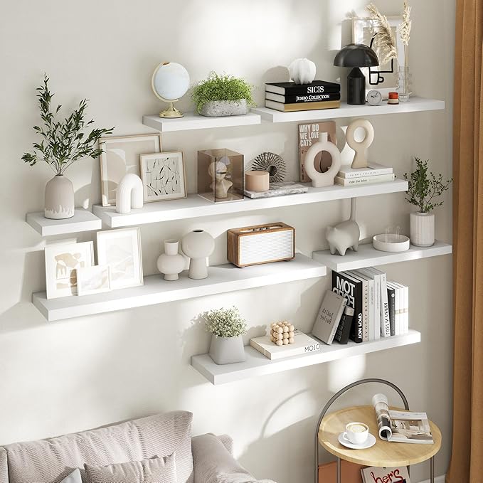 Floating Shelves for Wall with Invisible Brackets, Wall Mounted Engineered Wood Shelves with Wood Grain for Living Room, Bedroom, Bathroom, Kitchen Decor and Storage, Oak, 24"L Set of 2, White