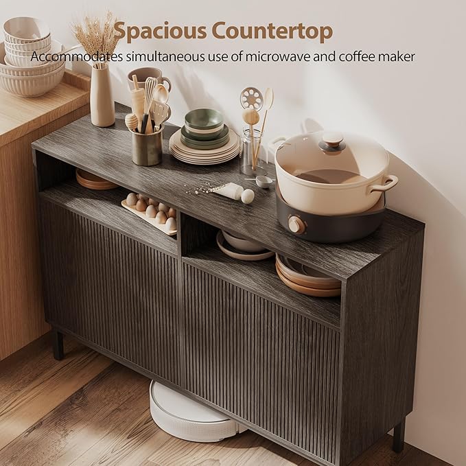Mericonia Farmhouse Buffet Sideboard Cabinet with Storage, Fluted Coffee Bar with Doors and Adjustable Shelves, Modern Wood Console Cabinet for Kitchen, Livingroom (Fluted 4 Door, Grey)