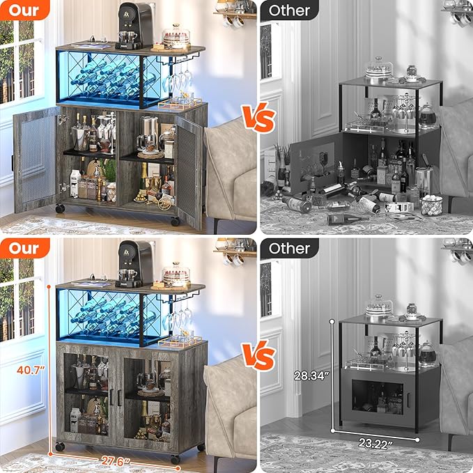 Small Bar Cart with Wheels, Liquor Cabinet with LED Light, Wine Bar Cabinet with Power Outlets, Home Mini Bar with Wine Rack, Glasses Storage for Kitchen, Dining Room, Living Room, Grey