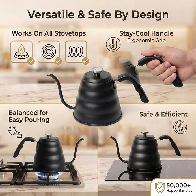 Barista Warrior Gooseneck Kettle for Pour Over Coffee and Tea with Thermometer for Exact Temperature, Precision Pour Drip Spout, Compatible with all Stove Tops (Matte Black, 1.2 Liter, 40 fl oz)