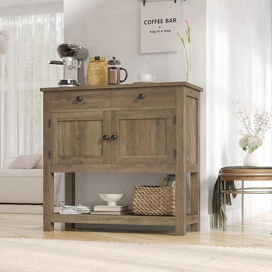 HOSTACK Farmhouse Console Table with 2-Door Cabinet & 2 Drawers, Coffee Bar, Entryway Table with Storage Shelf, Sofa Tables Buffet Sideboard for Kitchen, Hallway, Dining, Living Room, Rustic Brown