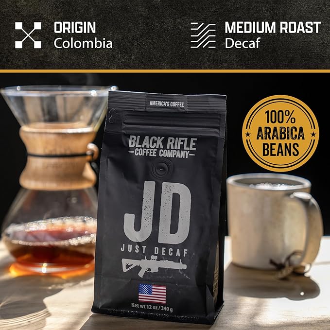 Black Rifle Coffee Company Just Decaf, 12oz Bag, Ground Coffee Medium Roast - Roasted Blend Made from Arabica Beans - Colombian & Brazilian Beans - Veteran Founded & American Made