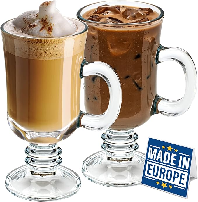Volarium Irish Coffee Glass Mugs, Latte Cups, Set of 2 Cappuccino and Hot Chocolate Mugs with Handle, Clear Glass Cups for Hot Beverages, 7 3/4 oz