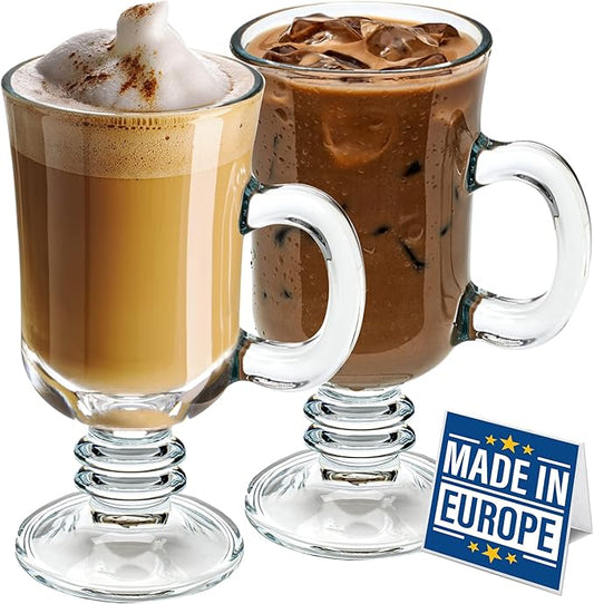 Volarium Irish Coffee Glass Mugs, Latte Cups, Set of 2 Cappuccino and Hot Chocolate Mugs with Handle, Clear Glass Cups for Hot Beverages, 7 3/4 oz