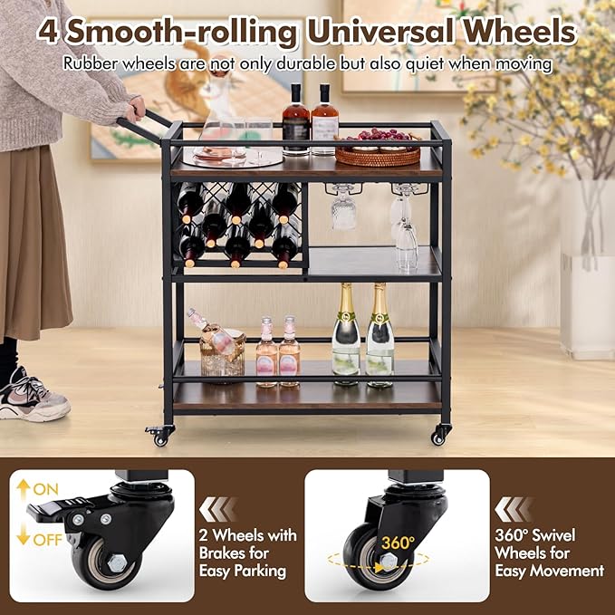 Giantex Bar Cart, 3 Tier Serving Cart for Home, 8 Wine Bottles Rack, Glass Holder, Industrial Mobile Kitchen Cart with Lockable Wheels and Handle, Storage Shelves for Drink Beverage