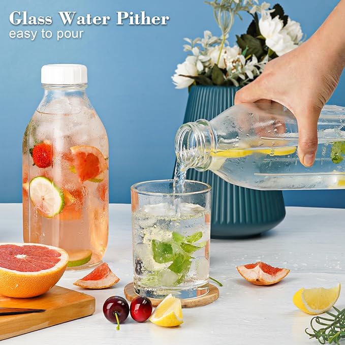 2 Pack Glass Milk Bottle with 2 Dispenser Caps, 100% Airtight Heavy Duty Screw Lid. 32 Oz Reusable Glass Water Jug with 3 Lids! Breast Milk Pitcher, Buttermilk, Nut, Juice, Syrup, Coffee Creamer