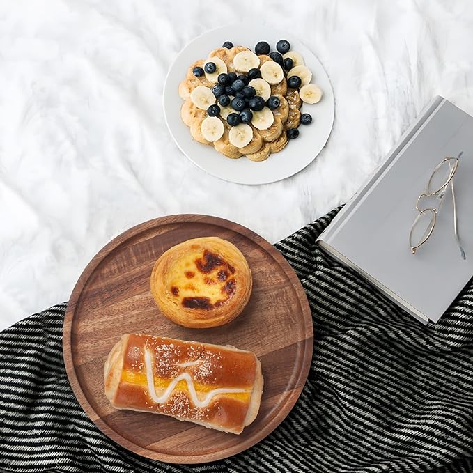 Round Wood Tray, Acacia Wooden Decorative Serving Tray for Coffee Table and Home Decor, Wooden Appetizer Charcuterie Board for Kitchen Countertop (7.9 inch)