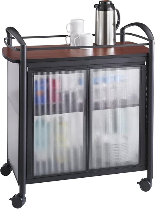 Safco Impromptu Refreshment Cart, 200 lbs. Capacity, Double Doors, Swivel Wheels, Cherry Top, Black Frame