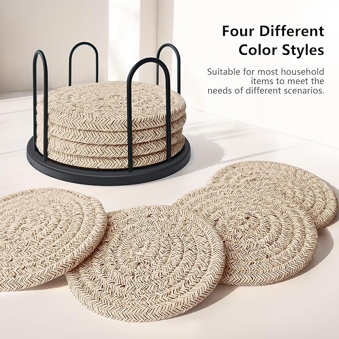 Coasters Set of 8 for Drinks, Beer, Coffee, Cotton Woven Absorbent Coaster with Holder, Boho Coasters for Home Decor Tabletop Protection Suitable for Kinds of Cups, Brown