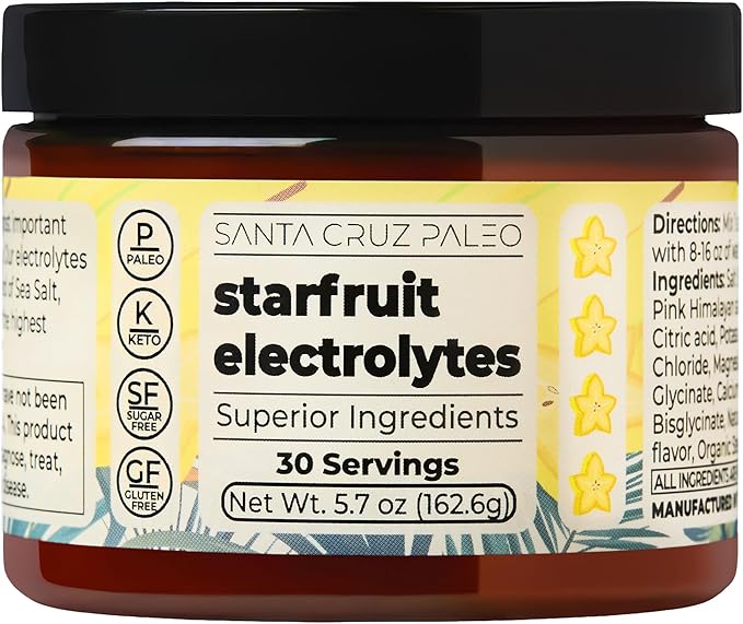 Santa Cruz Paleo Electrolyte Powder, Starfruit Flavor, Sugar Free Hydration Drink Mix with Himalayan Pink Salt, Sea Salt, Magnesium Glycinate, Potassium Chloride, Sweetened with Stevia, 30 Servings