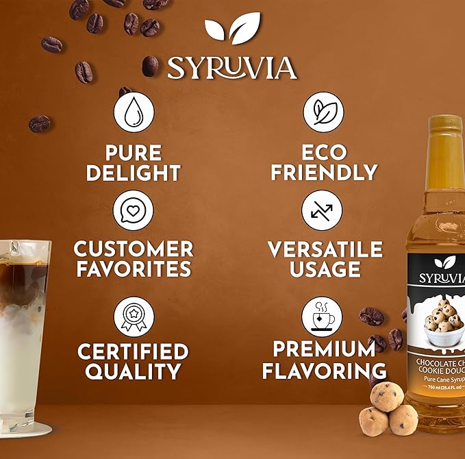 Syruvia Coffee Syrup, Chocolate Chip Cookie Dough Flavored Syrup for Drinks, Lattes, and Desserts – 25.4 fl oz, With Pump