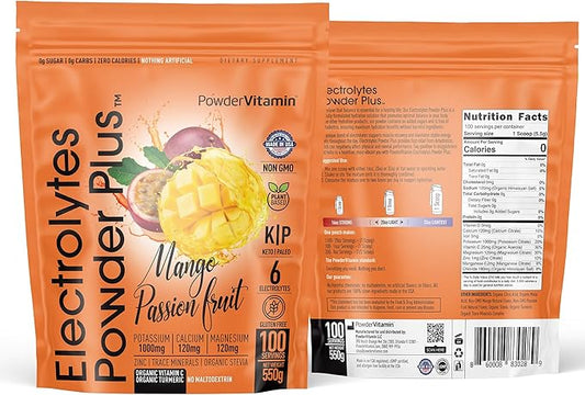 PowderVitamin Electrolytes Powder Plus (100 Servings) Mango Passionfruit Electrolyte Powder Zero Calorie Keto,0Sugar, No Maltodextrin,1000mg Potassium,120mg Calcium,120mg Magnesium, Hydration Powder