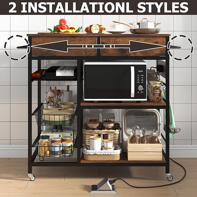 Kitchen Island with Storage,Industrial Kitchen Island on Wheels,Rolling Kitchen Island Cart with Power Outlet,Modern Island Table for Kitchen with Drawers,Shelves and Baskets,Rustic Brown