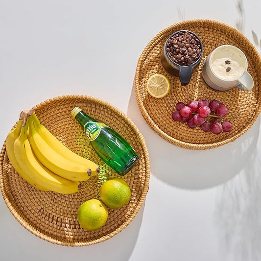 Round Rattan Serving Tray,Hand-Woven Tray with Handles, Ottoman Decorative Coffee Table Tray,Wicker Storage Basket for Tea,Fruit,Bread (Natural, 11.8")