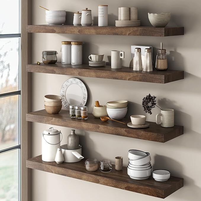 Elm Floating Shelves for Wall Decor, Rustic Solid Wood Shevles Wall Mounted with Invisible Bracket for Living Room Bathroom Bedroom Kitchen, 36 Inch Set of 2, Walnut