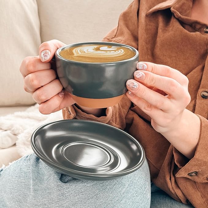 MORA Ceramic Latte Art Mug With Saucer - 10.5 oz, Round Bottom For Perfect Pours - Cafe Cups for Cappuccino, Espresso, Coffee, Tea etc - Porcelain Set for Baristas, Great Gift - Shadow Grey