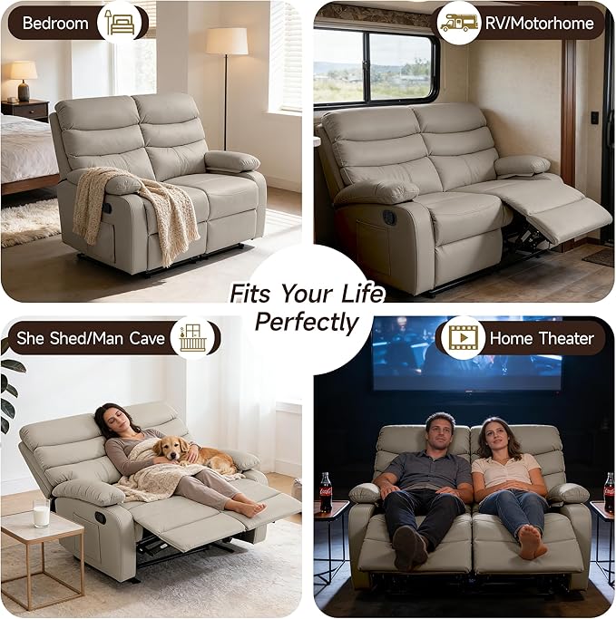 Reclining Loveseat, Anti-Scratch Leather Double Recliner Sofa with Side Pocket, Wall Hugger Loveseat Recliner for Living Room, RV, Home Theater(Beige)