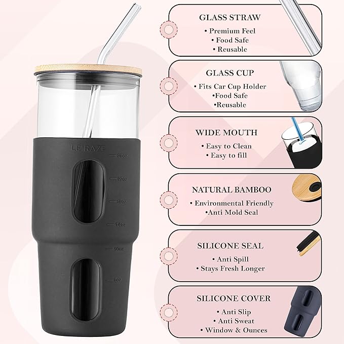 32oz Glass Tumbler with Straw & Bamboo Lid with Silicone Sleeve, Reusable Boba Smoothie Cup Iced Coffee Tumbler, Fits Cup Holder, Glass Water Bottle, BPA Free, Beer Mug & Stein Black