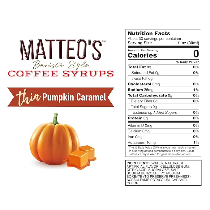 Matteo's Pumpkin Caramel Syrup for Coffee, Lattes, Cappuccinos & Desserts – Sugar-Free Sweetener for Beverages, Keto Friendly, Zero Calories, Indulgent Flavor, Non-Alcoholic, 33.8oz (1pk)
