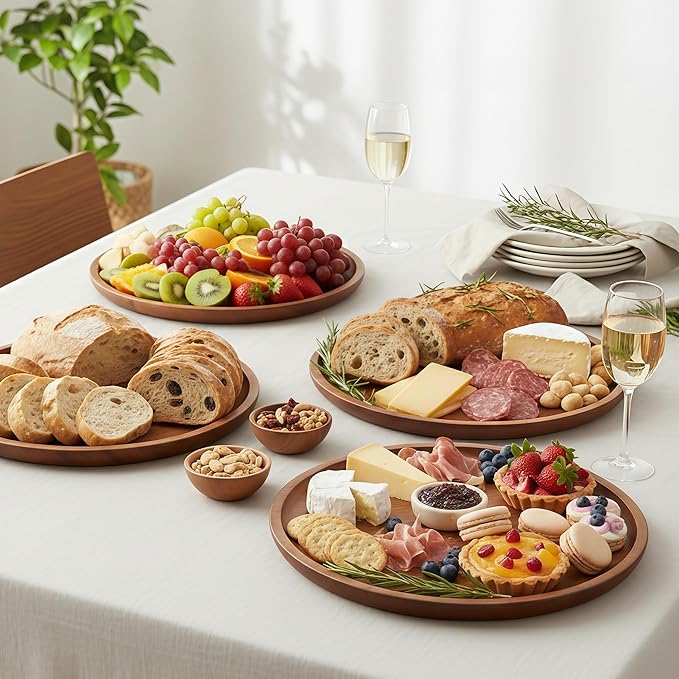 13.7 Inches Charcuterie Board | Multi-Functional Round Wooden Tray – Acacia Wood Serving Tray & Coffee Station Organizer for Kitchen Counter, Decorative Wooden Round Tray for Home Decor