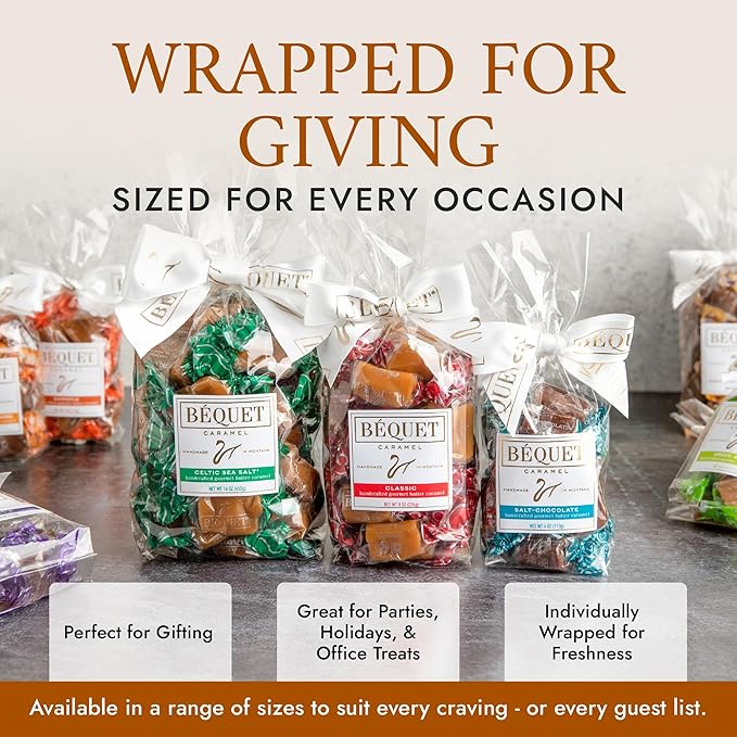 Béquet Caramel - Celtic Sea Salt Caramel - Gourmet Caramel Candy - Salted Caramel Candy Individually Wrapped - Made in Montana - Kosher (Star D) and Gluten Free - 3.6 oz Single Pouch