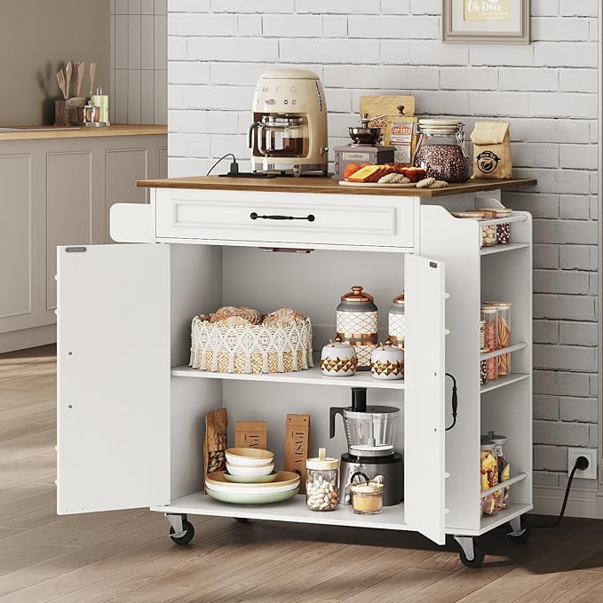 Kitchen Island with Power Outlets & Drop Leaf, Rolling Kitchen Cart on Wheels, Kitchen Storage Island with Spice Rack and Drawer for Kitchen, Dinning Room, White and Walnut