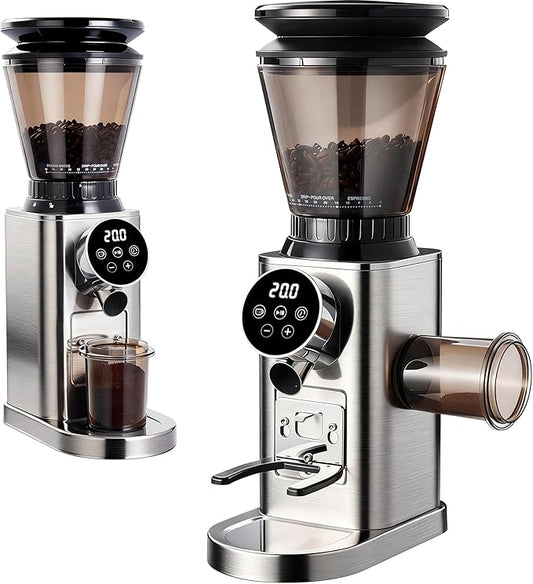 Burr Coffee Grinder, Electric Conical Coffee Bean Grinder With 48 Grind Settings Anti-static Burr Mill, Precision Electronic Timer, for Espresso/Drip/Cold Brew/French Press, Stainless Steel, Silver