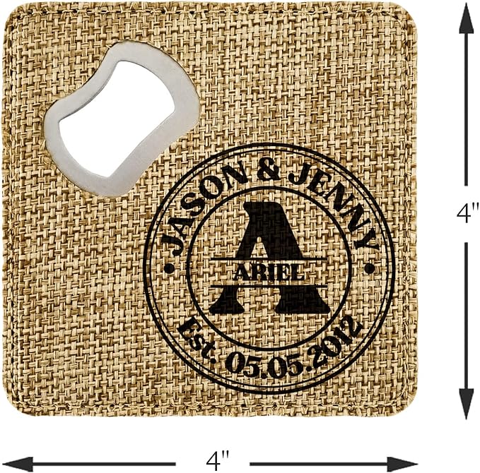 Smile Art Design Family Monogram Custom Coaster Bottle Opener Burlap Material Family Name Personalized Prints Personalized Gifts Housewarming Wedding Gift Rustic Home Decor Style2