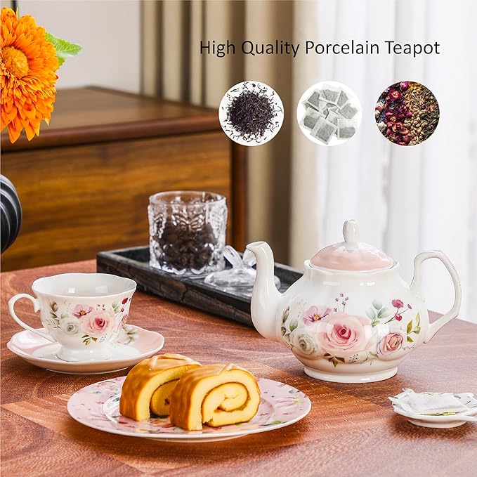 27oz Floral Porcelain Teapot, Classic Ceramic Teapot for Loose Leaf Tea & Tea Bags, Elegant Small Teapot with Rose Pattern, Dishwasher Safe