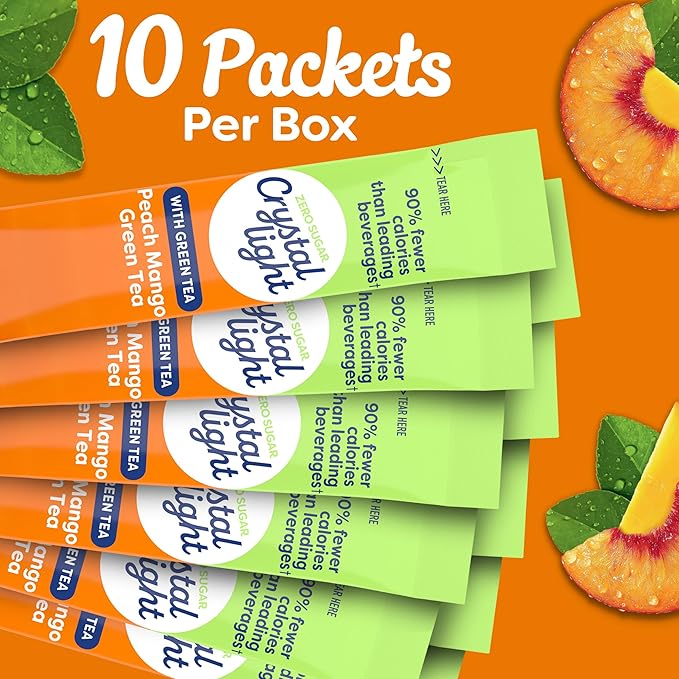 Crystal Light Drink Mix, 10 Packets, for Convenient On-the-Go Flavorful Hydration, Naturally flavored with other natural flavor Peach Mango Green Tea, Zero Sugar, 0.8 oz