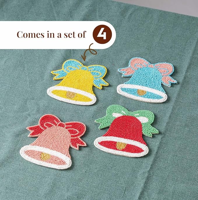 Folkulture Valentine Coasters Set of 4 | Handmade Boho Love & Bell Design Drink Coasters for Coffee Table Décor | Cute Valentine’s Day Gift for Her | Romantic Home Accessories