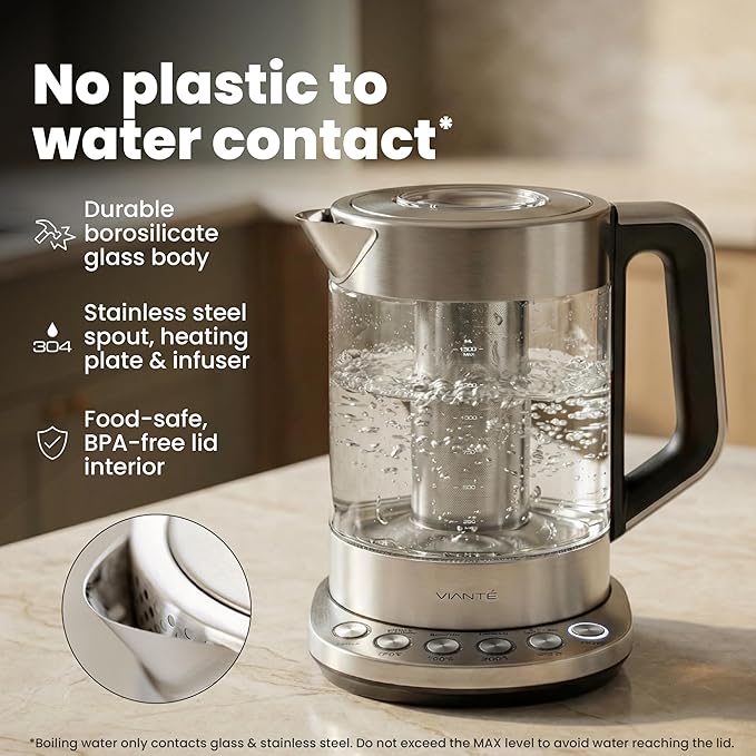 Vianté Electric Kettle With Infuser. No Plastic In Contact With Water. Hot Tea Maker With Temperature Control And Automatic Shut Off. Tea Kettle With Brewing Programs. 1.5 Liters Capacity