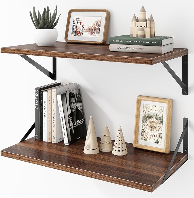 Deep Floating Shelves Wall Mounted, 24"x12" Walnut Wall Shelves with Brackets Set of 2 for Bedroom, Living Room, Bathroom, Kitchen, Office - Storage & Display Shelf for Decor, Books, Plants